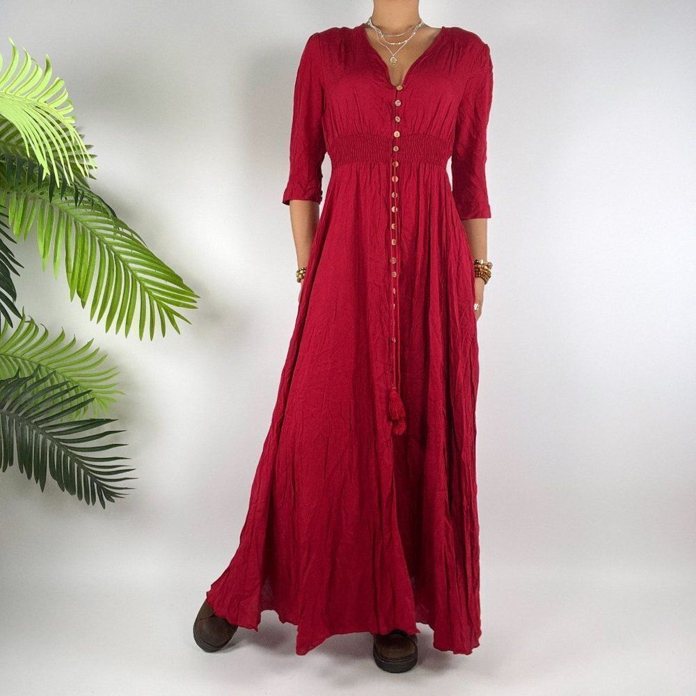 Women's Red Cottagecore Short Sleeve Boho Country Prairie Maxi Dress / XS